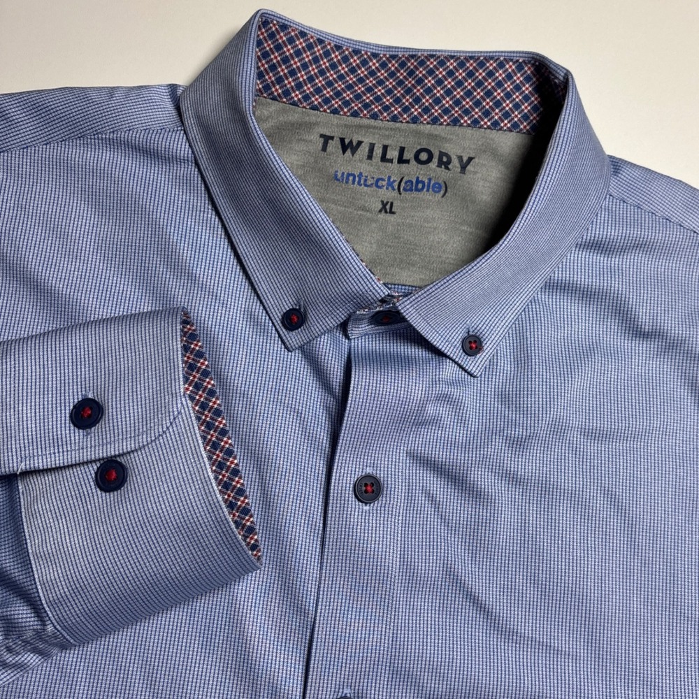 Twillory Untuckable Performance Mens Xl Blue Micro Check Stretch Shirt